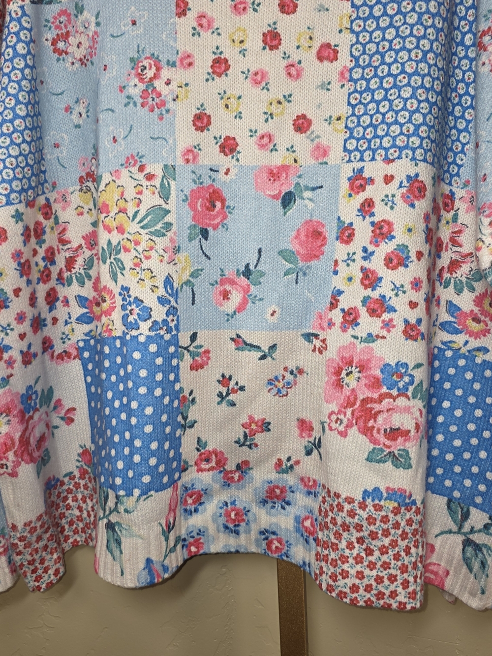Patchwork Floral Polka Dot Oversized Button-Front Sweater Cardigan in Pink Blue - Picture 8 of 9